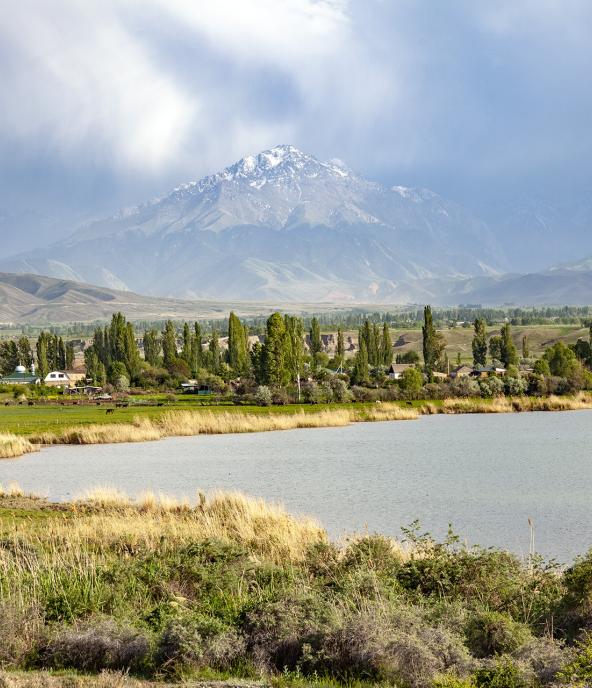 View of the peak Juku from the Bay of Kyzyl Suu, lake Issyk Kul