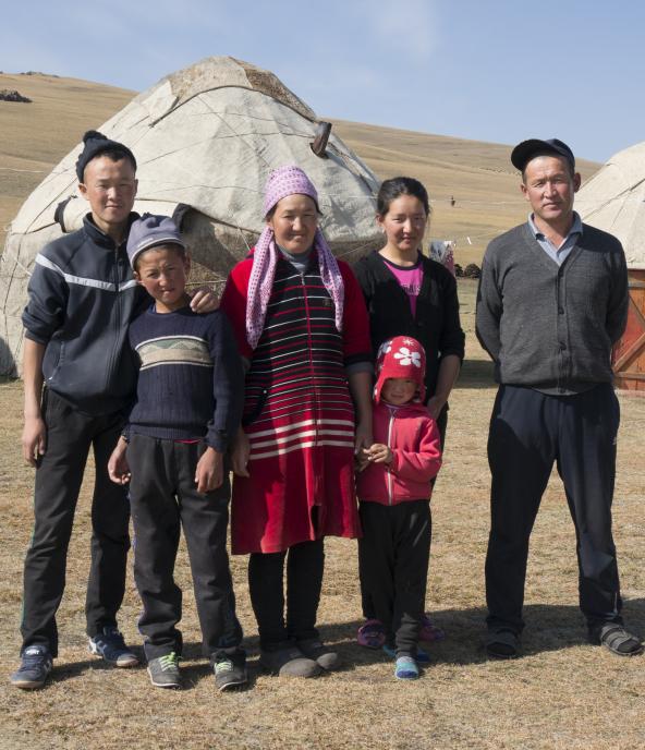 Kyrgyz family in front of a yurt near Song Kul lake